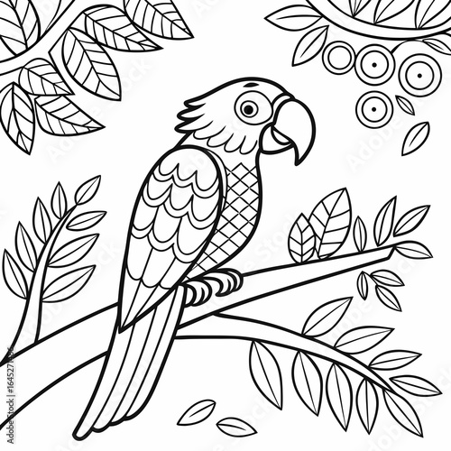 a coloring page of a parrot on a tree branch
