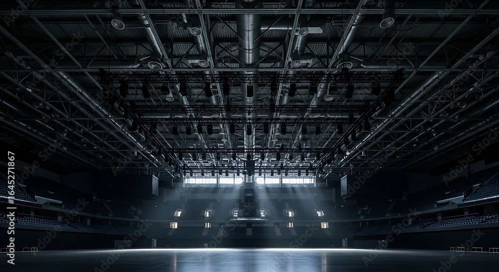 Obraz premium Dark and empty stadium interior with bright stage lights creating a powerful and atmospheric scene before the show.