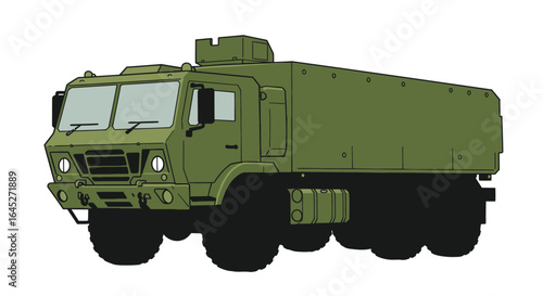 Stylized flat vector illustration of a vibrant military transport truck