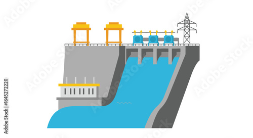 Stylized flat vector illustration of hydroelectric dam building power station