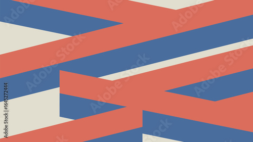 A geometric pattern featuring intersecting red blue and beige stripes creating a dynamic composition