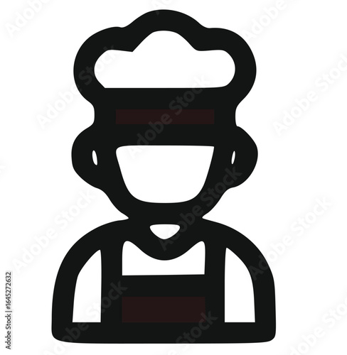 Simple black outline illustration of a chef wearing a chef's hat and apron.
