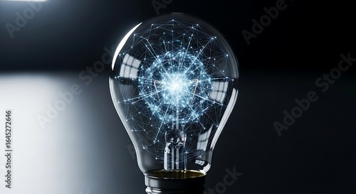 light illuminates a dark reflective surface, symbolizing brilliance and discover, A glowing light bulb filled with digitavibrant, interconnected nodes, representing innovation and interconnected ideas