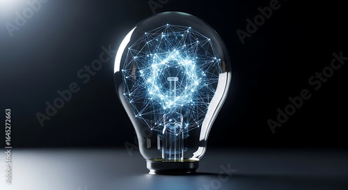 light illuminates a dark reflective surface, symbolizing brilliance and discover, A glowing light bulb filled with digitavibrant, interconnected nodes, representing innovation and interconnected ideas