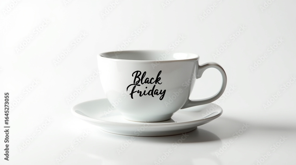 Fototapeta premium A white ceramic cup with the words black friday written on it, sitting on a saucer, isolated on white background, perfect for advertising sales and discounts during the holiday season