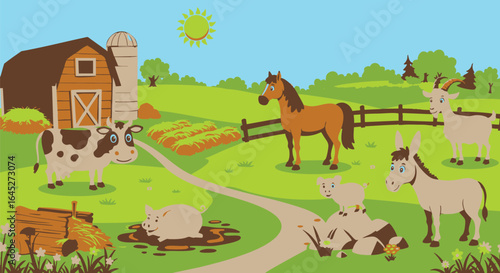 Happy farm animals in a rural landscape with a red barn. Children's cartoon vector illustration of a sunny farmstead scene.