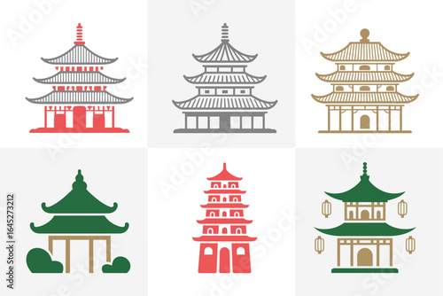 Classic temple facade collection, ornate eaves roof vector, historic shrine illustration, cultural monument clipart, travel poster element