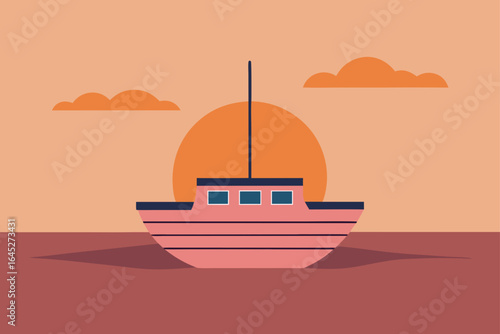 Aqua Boat Floating on Peach Sunset Sea