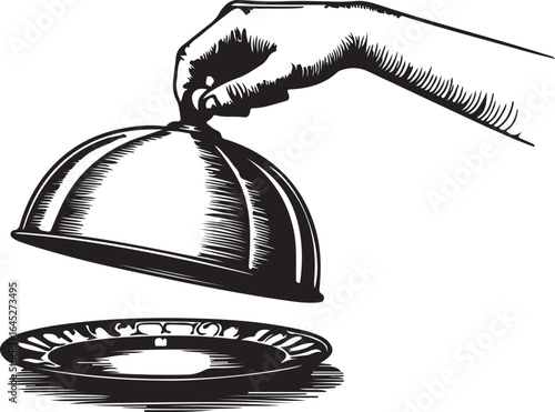 Hand lifting a cloche lid from a plate in vintage woodcut style on white background dome vector EPS file download