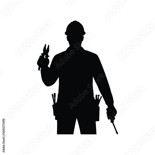 Silhouette of electrician with tools construction worker safety helmet professional isolated