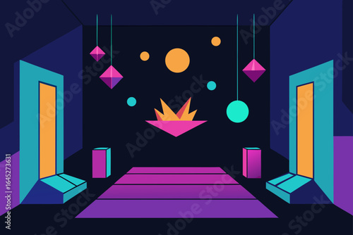 Art Installation Room with Paper Cut Outs and Neon Lights