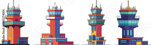 Stylized flat vector illustration of diverse harbor control towers isolated on white