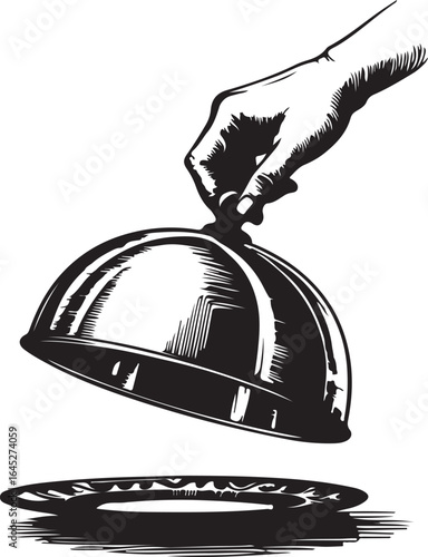 Hand lifting a silver cloche revealing a dish on a plate in a vintage illustration style vector EPS file download