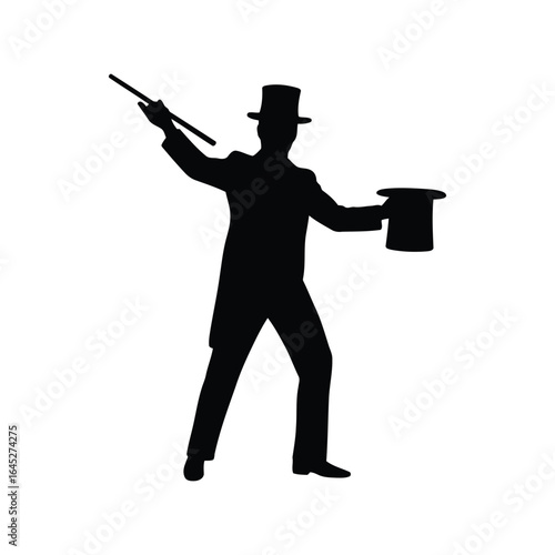 Magician silhouette with top hat and wand performing magic trick isolated vector