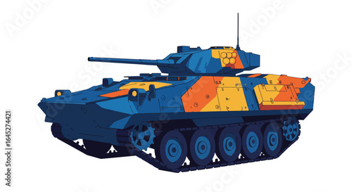 Stylized military vehicle illustration with vibrant colors on a white background