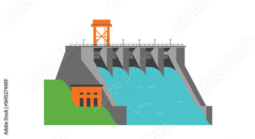 Simplified flat illustration of a hydroelectric dam building and vibrant blue water