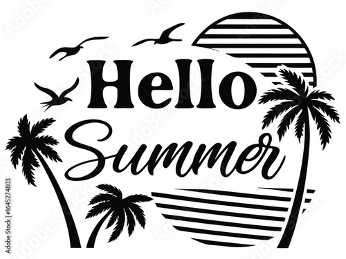 Warm sunset over a beach with palm trees symbolizes the arrival of summer vibes and relaxation in a tropical paradise setting, perfect for vacation themes, travel, and nature-inspired designs.
