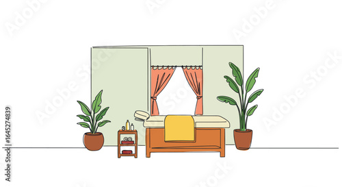 Minimalist illustration of a serene spa room with massage table and potted plants