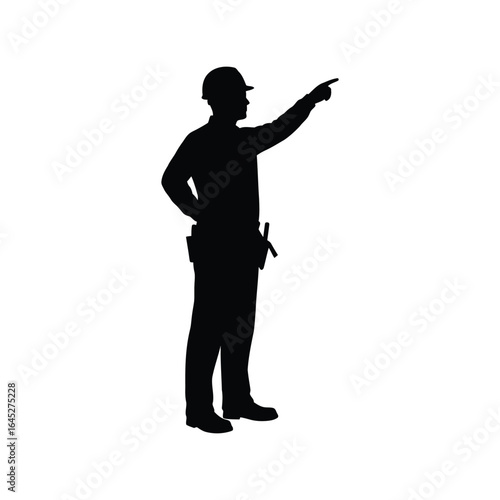 Construction worker silhouette pointing direction safety helmet pointing gesture industrial job isolated vector