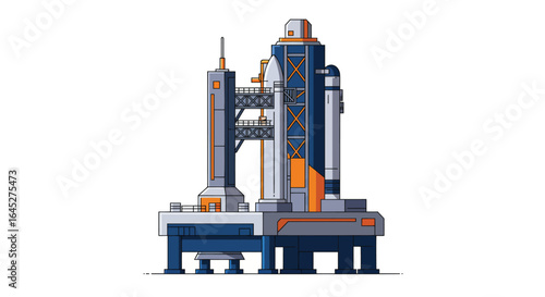 Stylized flat vector illustration of vibrant launch pad tower at spaceport