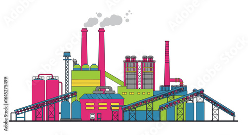 Vibrant stylized factory illustration showcasing industrial production vitality