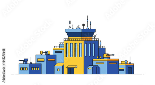 Stylized flat vector illustration of an animated military command building