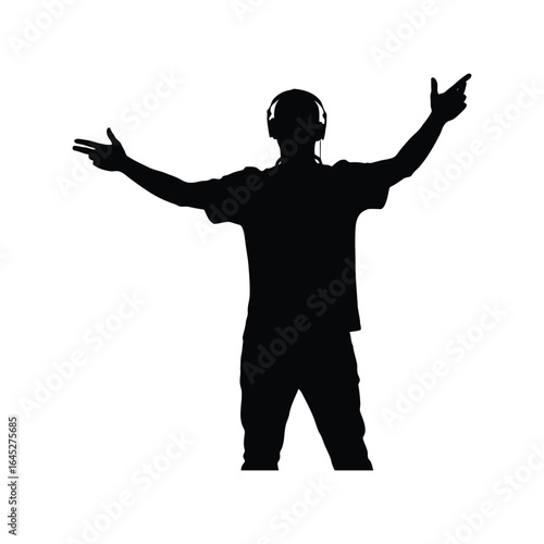 Dj silhouette with arms raised celebrating music event party nightlife isolated black graphic