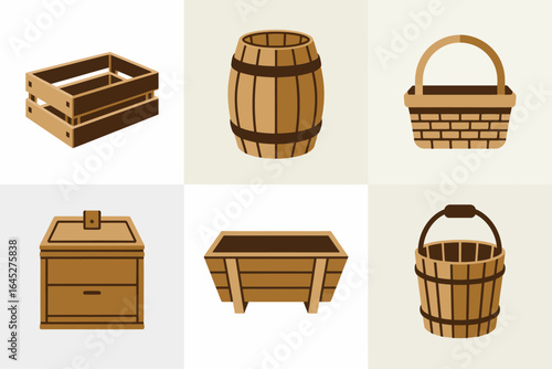 Woven basket and picnic hamper icons, wicker basket vector, harvest market illustration, picnic supply clipart, country living design