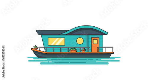 Stylized houseboat illustration on calm water with minimalist design style