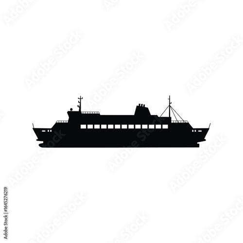 Black silhouette of a passenger ferry boat watercraft maritime transport travel vessel isolated vector graphic