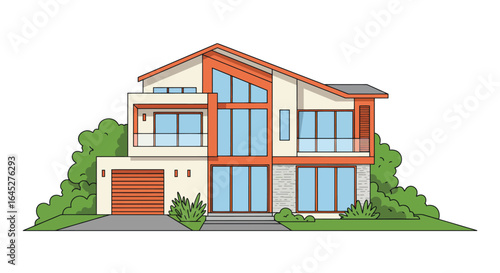 Stylized flat vector illustration of a modern villa with minimalist design