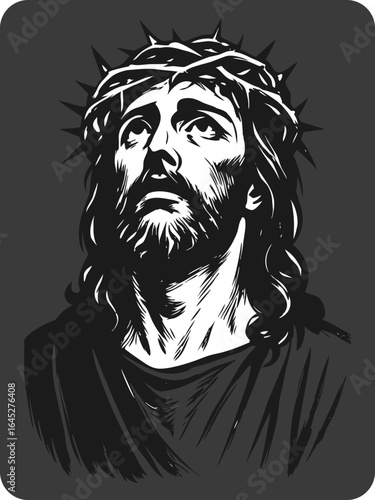 Illustrated Jesus with beard wears crown of thorns and looks up against gray background