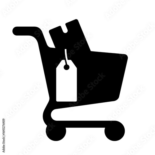 Silhouette of shopping cart with discount tag, symbol of savings and smart purchasing