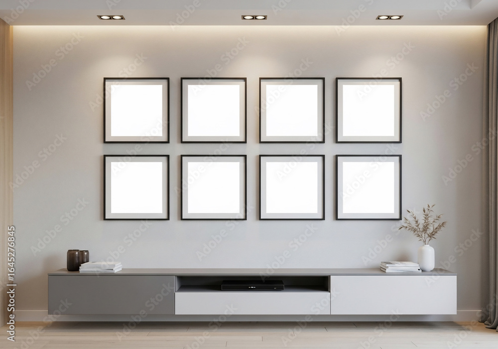 Modern Interior Wall with Blank Gallery Picture Frames Display Modern Interior Wall with Blank Gallery Picture Frames Display