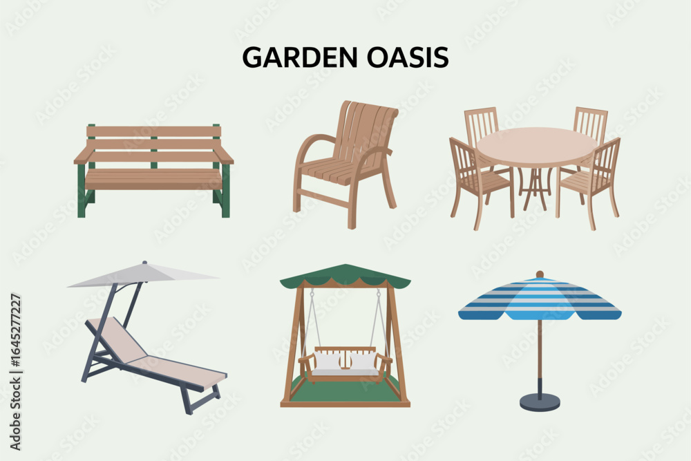 Fototapeta premium Sun lounger umbrella and gazebo icons, patio lounge vector, summer garden illustration, poolside decor clipart, leisure outdoor design