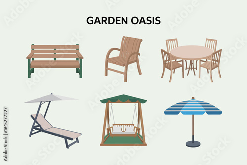 Sun lounger umbrella and gazebo icons, patio lounge vector, summer garden illustration, poolside decor clipart, leisure outdoor design