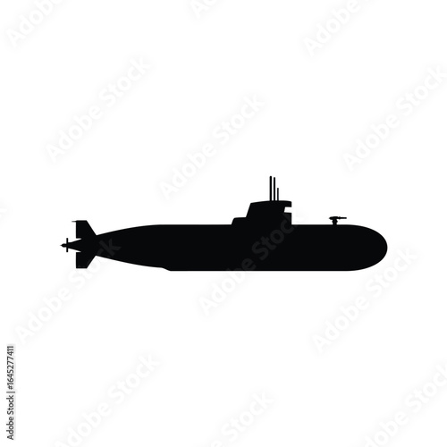 Black silhouette of a modern submarine underwater vessel naval warfare marine transport vector graphic