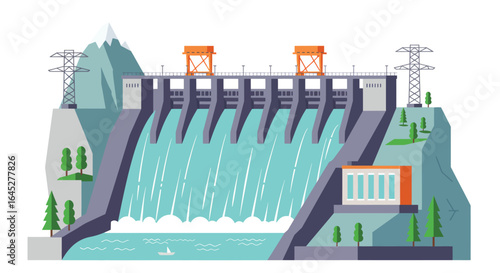 Stylized Flat Vector Illustration of a Hydroelectric Dam Facility, power plant