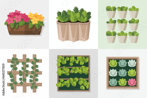 Vertical garden and succulent wall icons, modular planter grid vector, lattice trellis illustration, potted plant tray clipart, indoor garden design