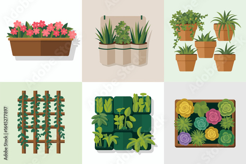 Garden trellis and planter frame icons, green wall vector, framed succulent bed illustration, patio decor clipart, landscaping element pack