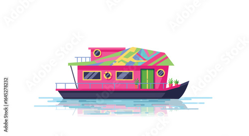Stylized houseboat on calm waters, vector illustration of aquatic living