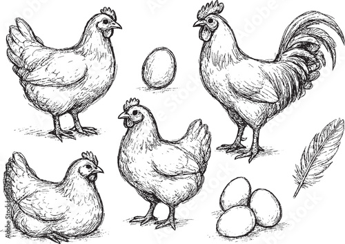 Rustic Chicken & Rooster Sketch Set 🐓🥚: Hand-drawn farm illustrations. Perfect for organic food branding, packaging, and farmhouse decor.