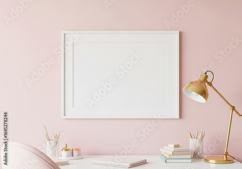 Stylish Pink Wall Home Office Desk with Blank Frame Mockup