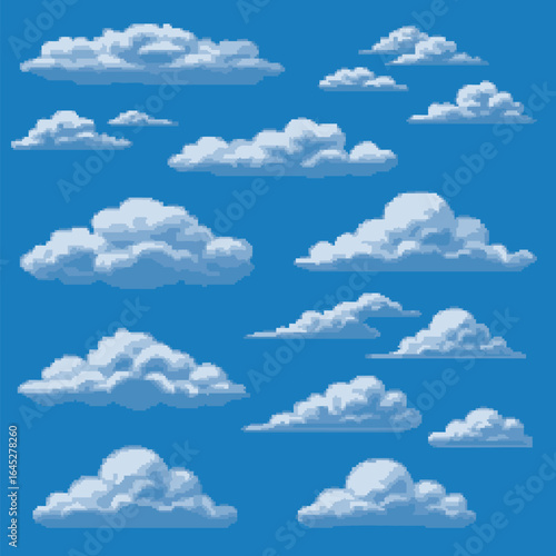 Pixel art cloud collection on a blue sky background. Retro 8-bit video game style vector illustration set.