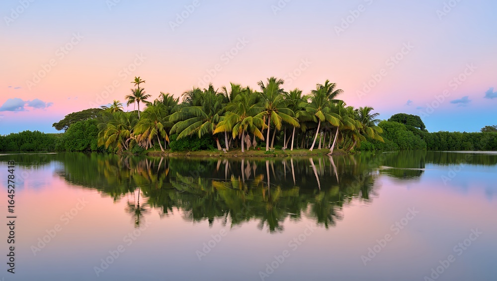 Obraz premium Idyllic Tropical Island Paradise with Palm Trees Reflected in Calm Water at Sunset offering a Serene Escape
