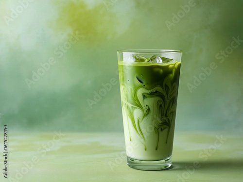 鮮やかな抹茶とミルクのマーブル模様が映えるアイス抹茶ラテ - カフェの夏メニュー、和スイーツ、ヘルシーな飲料の広告や背景素材に