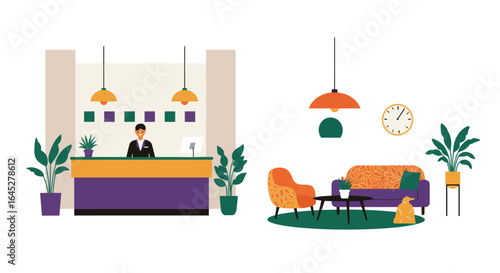 Stylish hotel reception lobby and cozy waiting area in a minimalist design