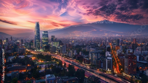 Santiago cityscape at dusk during chile independence day celebration with colorful sky. Horizontal banner. Copy space. Chile National Day. Postcard from Chile