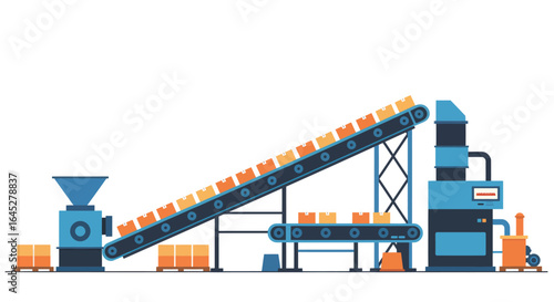 Automated production line illustration with conveyor belts for distribution