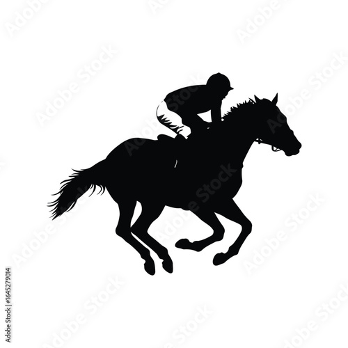 Silhouette of jockey riding a galloping horse equestrian sport racing action vector graphic